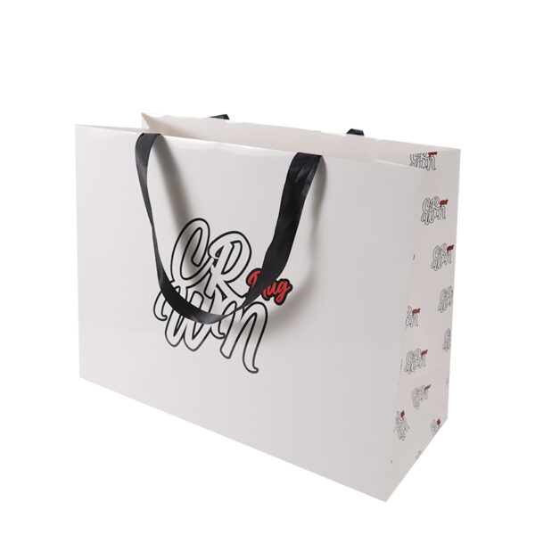 Customized Logo white  black ribbon  cardboard Paper Shopping Bag